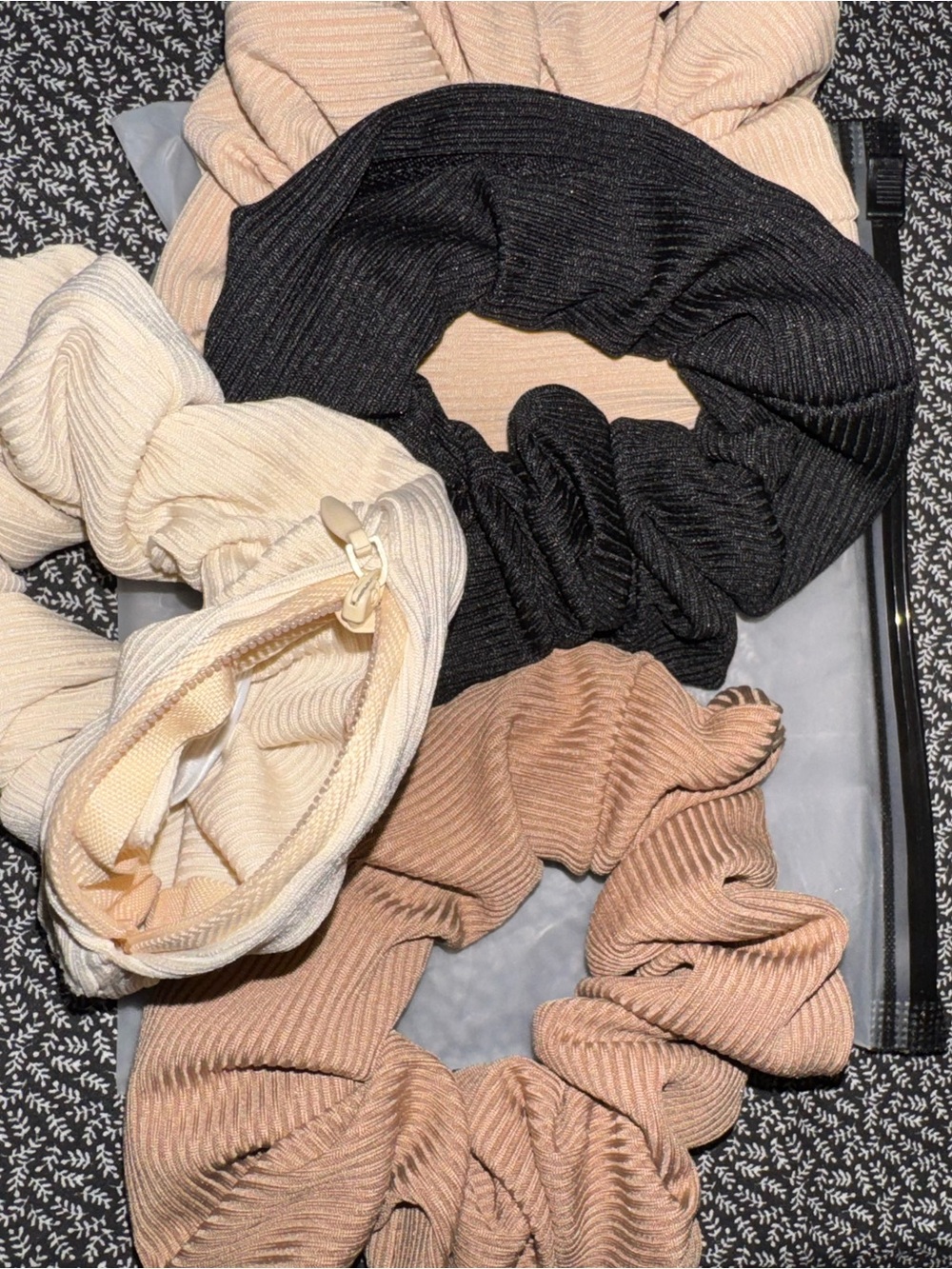 Neutral Ribbed Scrunchie Set – Black, Cream & Tan